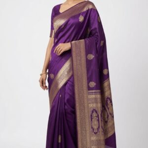 Cross purple shades stripe pattern banarasi satin silk saree