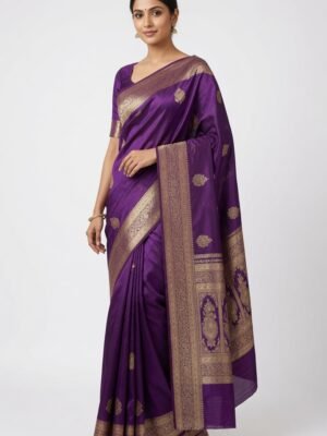 Cross purple shades stripe pattern banarasi satin silk saree
