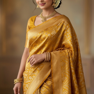 Mustard jamawar with meena kari jaal katan silk Sarees