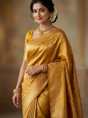 Mustard jamawar with meena kari jaal katan silk Sarees