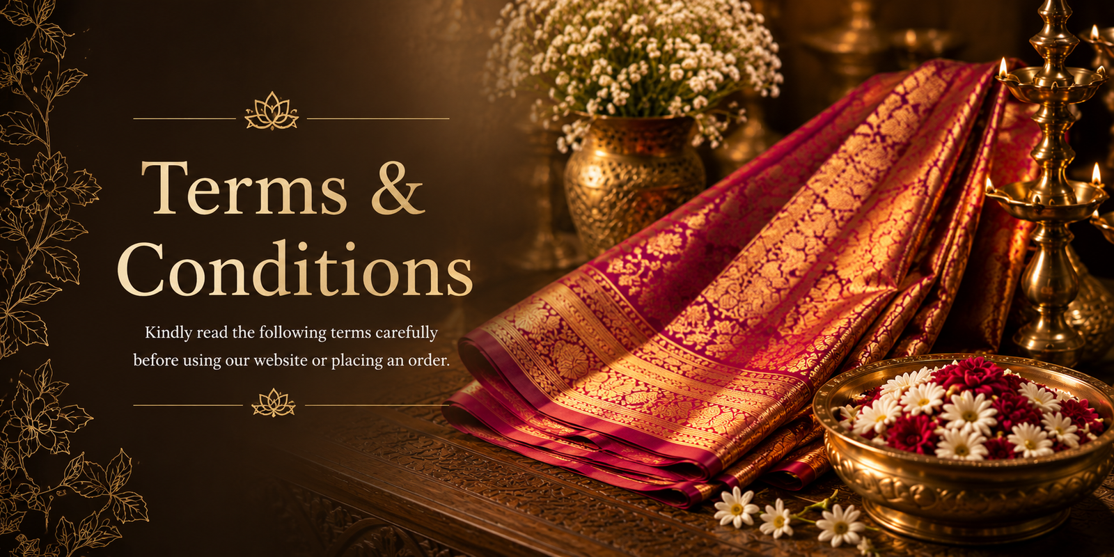 Terms and Conditions — Priya Silks. Kindly read the following terms carefully before using our website or placing an order.