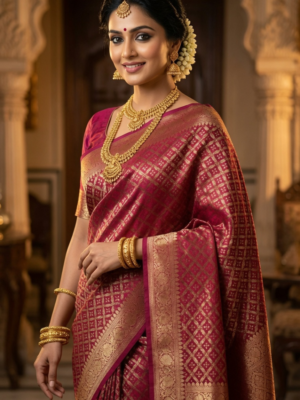 Maroon jamawar tanchoi katan silk saree