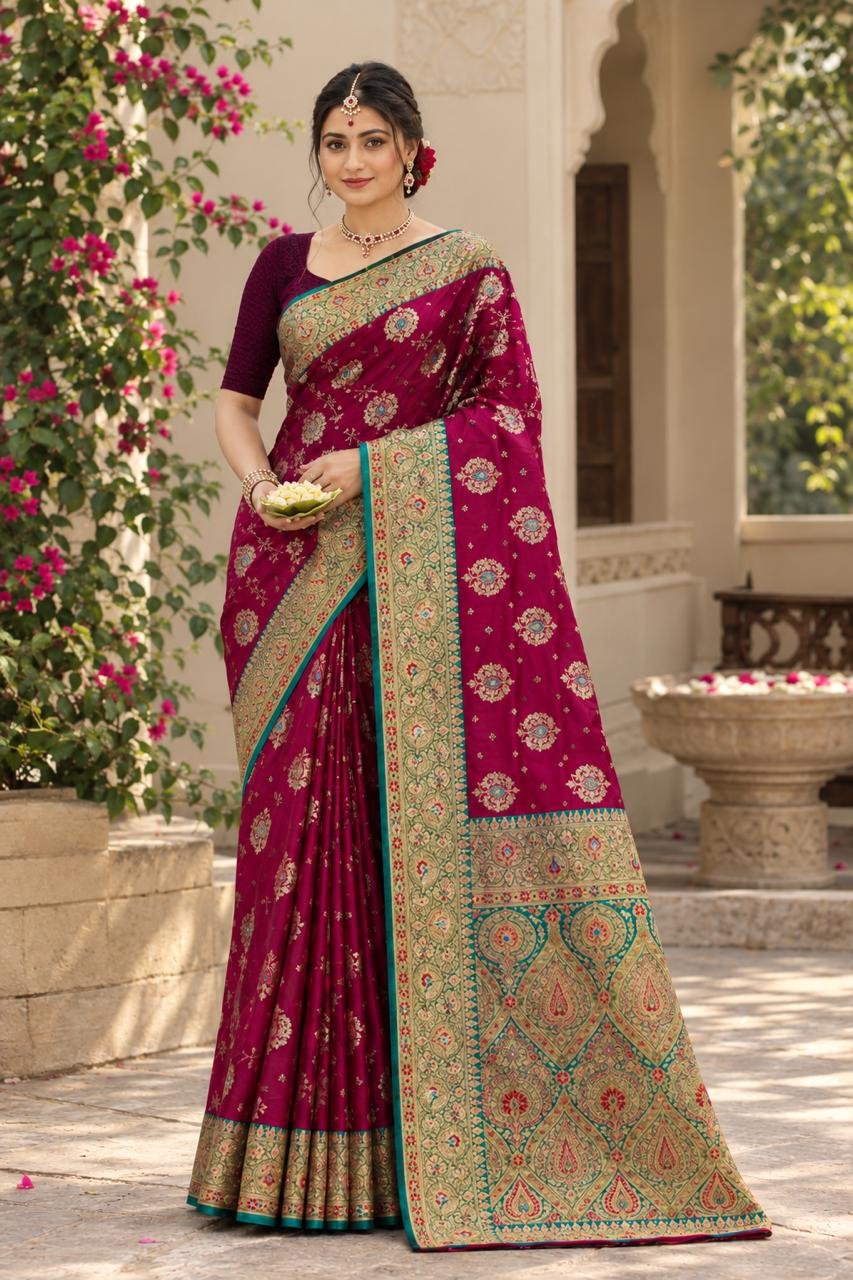 Suman Fancy Sartin Semi Silk Saree - Garnet