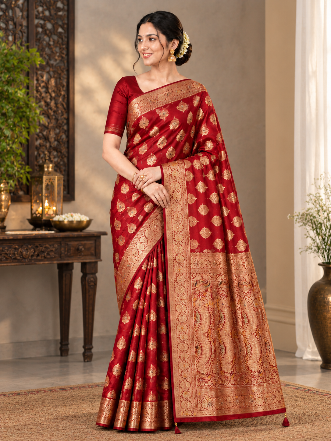 Regal Maroon Red Antique Zari Silk Saree