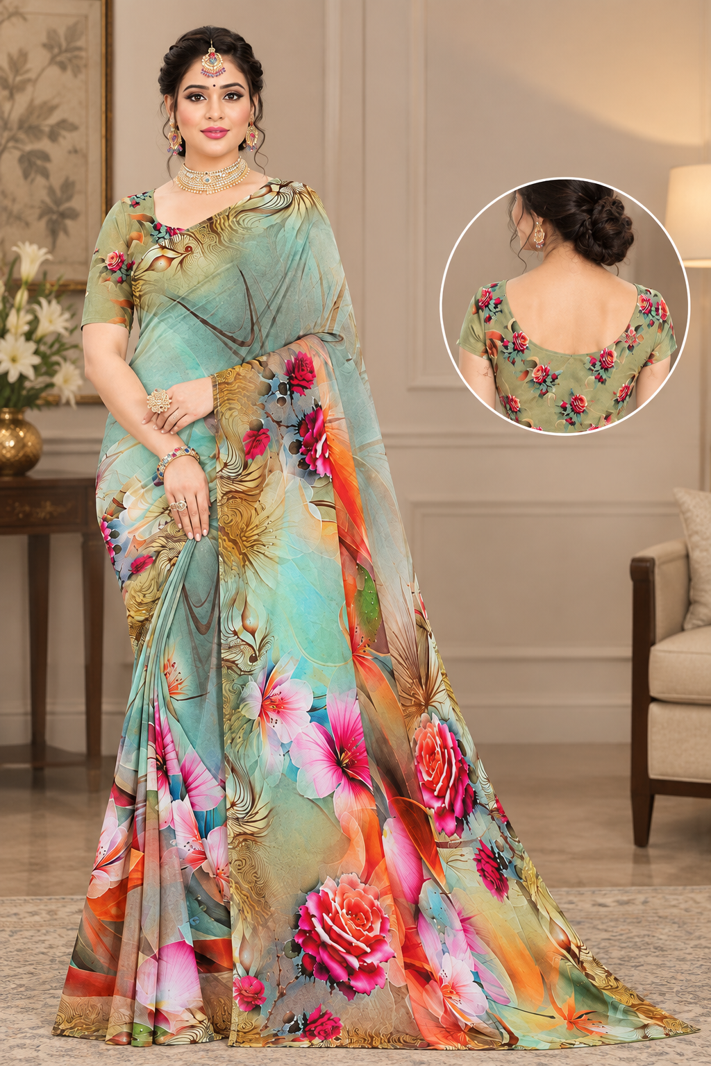 Floral Printed Chiffon Saree - Nine colors