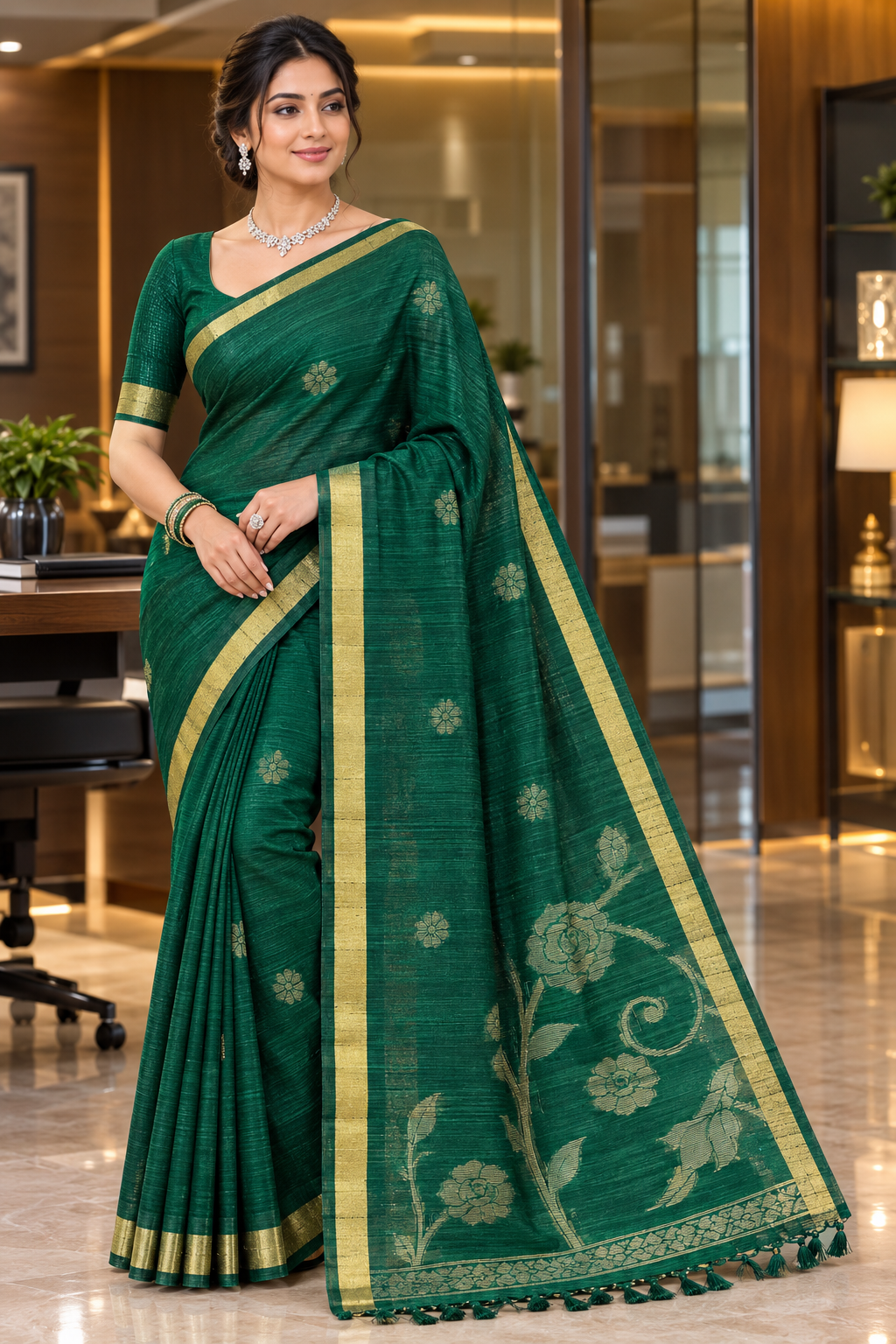 Premium Bhagalpuri Tussar Silk Saree – Emerald Green & Antique Gold Elegance