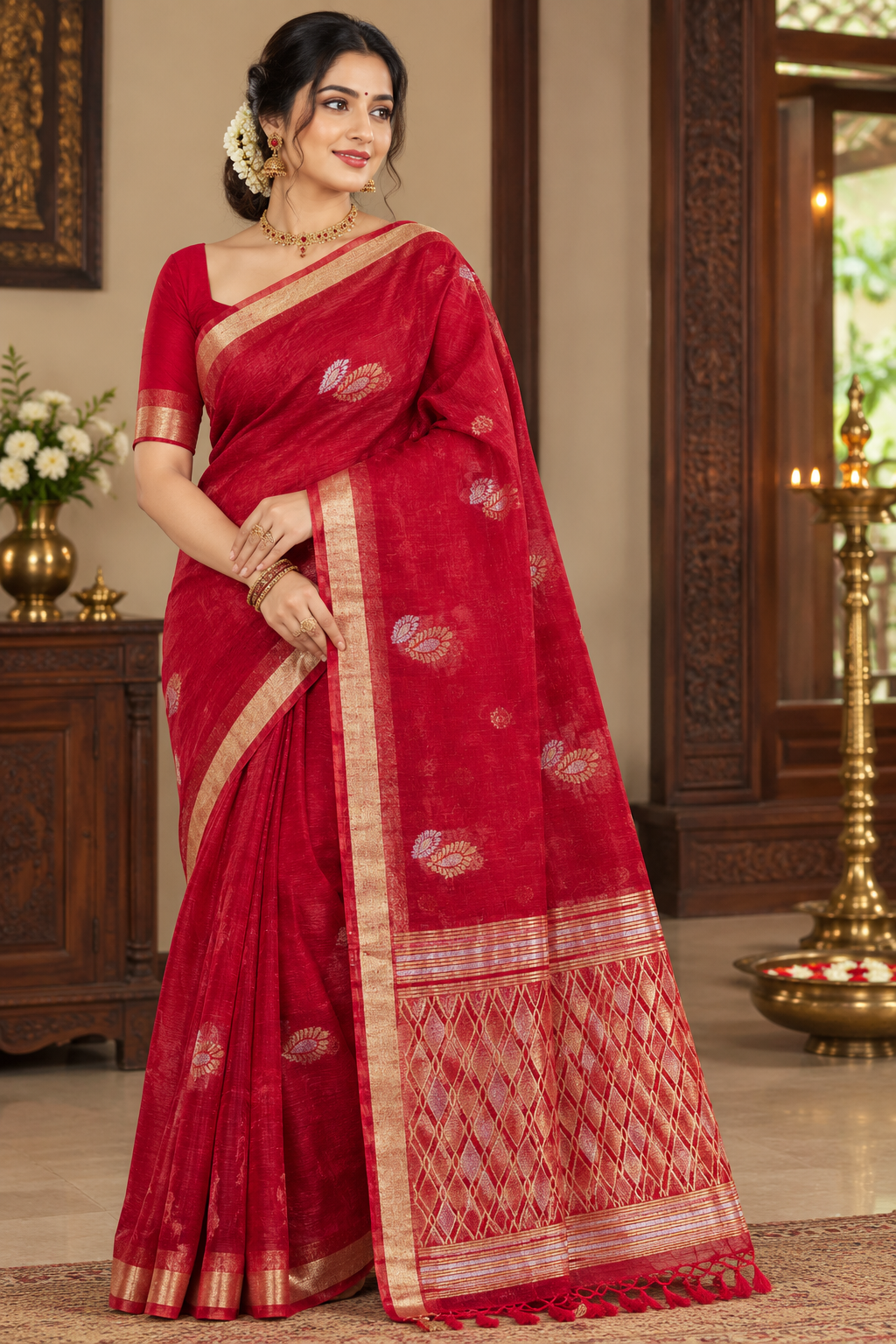 Premium Red Linen Silk Saree with Golden Traditional Border&Designer Pallu